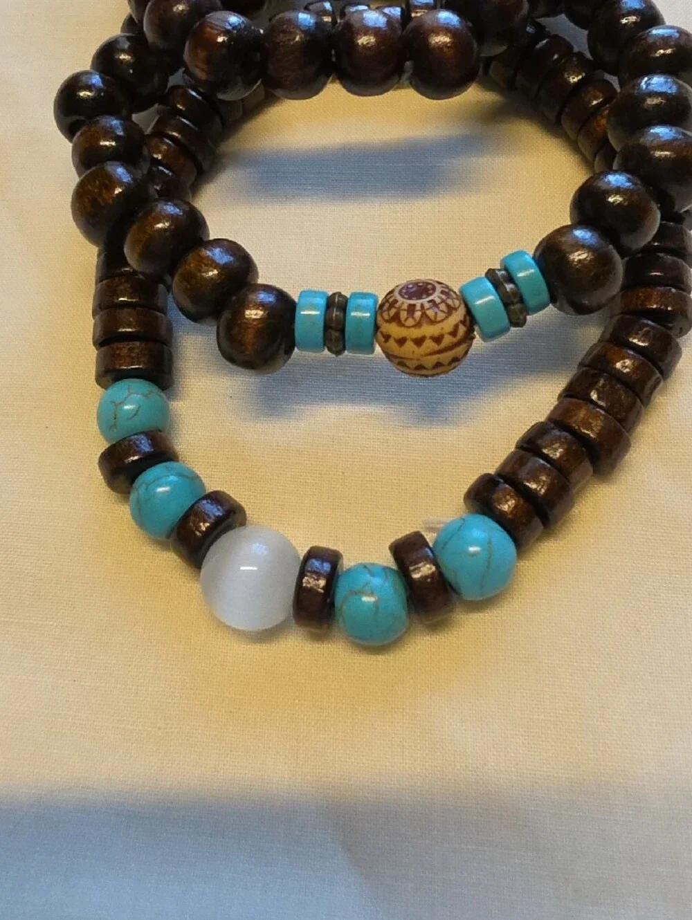 Boho Brown Wood Bead Bracelet Stack with Turquoise Accents